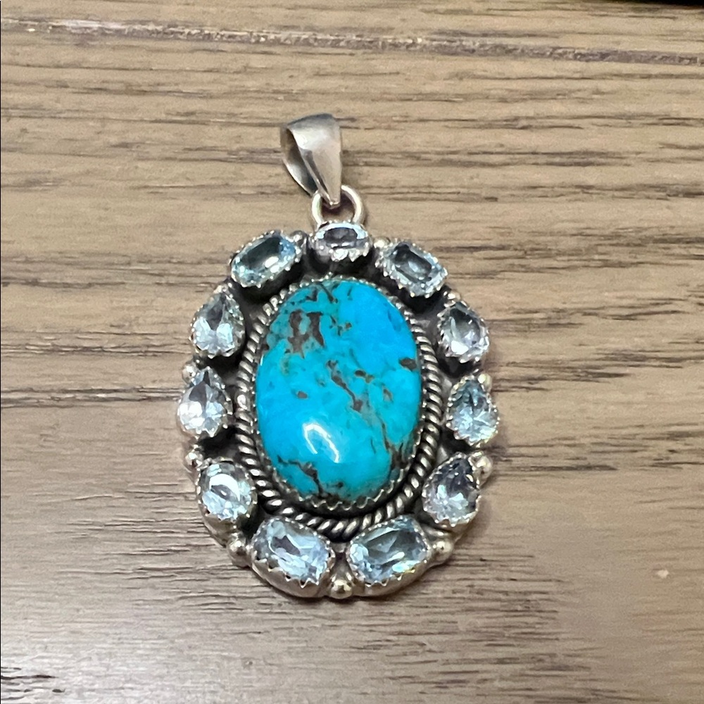 Kingman Turquoise and Blue Topaz Sterling Pendant